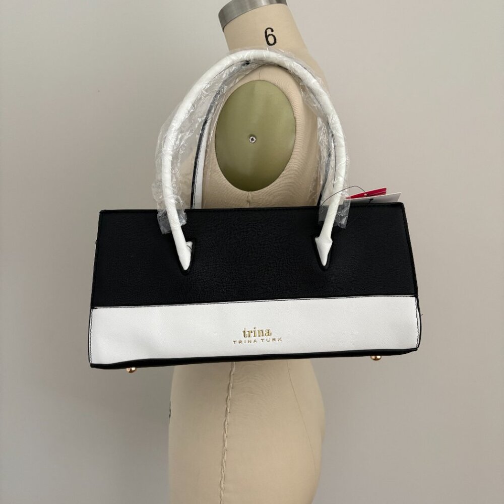 Trina Turk Colorblock Satchel W/ Shoulder Strap Vegan Leather Black & White Chic